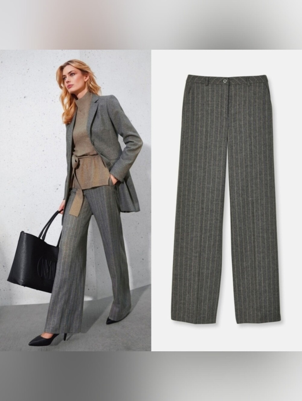 Madeleine Wide Pinstripe Herringbone Trousers Grey